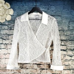 Cachet | Retro 90s Black Tie Luxe Glam White Lace Wrap Top Blouse